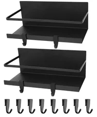 超強力な磁気調味料ラック 黒い2点セット キッチンラック 耐荷重5KG 約W25×D12×H9cm 穴開け不要 バスルームラック スパイスラック 洗面所 洗面台 マグネット 冷蔵庫 収納棚などが利用か Whonor フック8個付き