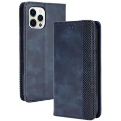 iPhone15 Pro Max ケース 手帳 アイフォン15 プロマックス  チェック柄 合革 レトロ 手帳 ケース 【Color】 ネイビー