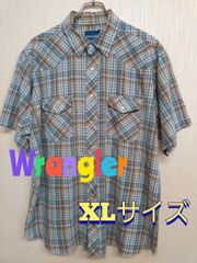 Wrangler　ラングラー　水色・茶色　チェック半袖シャツ　XL　素材不明　着丈75ｃｍ　身幅64ｃｍ　肩幅49ｃｍ　袖丈23.5ｃｍ