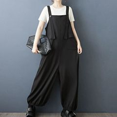 モード系  ブラック ワイドレッグデザイン  オーバーオール  個性的なデザイン