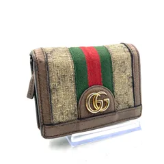 GUCCI グッチ　オフィディア　二つ折り財布　GGマーモント　GGスプリーム　シェリーライン　コーティングキャンバス×レザー グレージュ×ブラウン×グリーン×レッド　ゴールド金具　イタリア製　刻印あり