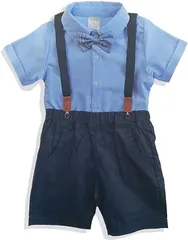 CHOOSEWAY 男の子 フォーマル 半袖 セットアップ おしゃれ着 子供服 サスペンダー 蝶ネクタイ 夏服 4点セット( ブルー,  130)