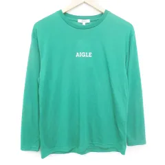 エーグル AIGLE Tシャツ カットソー 長袖 ラウンドネック ロゴプリント L 緑 白 グリーン ホワイト /FF31
