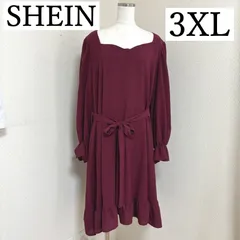 SHEIN CURVE シーイン レディース ワンピース 膝丈 スクエアネック ウエストリボン えんじ 無地 夏 3XL