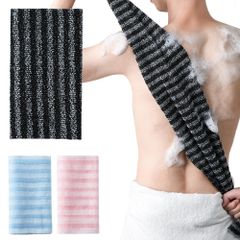 【人気商品】垢擦りタオル ボディタオル 無痛 肌に傷つけない 背中もしっかりケア出来る適度な長さ あかすりタオル 強力泥すり 角質ケア 黒ずみ 背中 DELUXEFOX おしり 男女兼用 （黒白ストライプ）