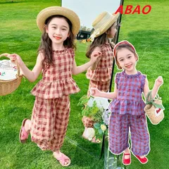 【新商品が大人気です！】セットアップ 上下セット 子供服 チェックセット 女の子 女児 小学生  ブラウス ノースリーブ ワイドパンツ　セット トップス 長ズボン ロングパンツ キッズ   90cm 100cm 110cm yz660