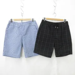 ベルシュカ Bershka ユニクロ UNIQLO パンツ 2枚セット ハーフパンツ ゴム チェック ブラック グレー ブルー ホワイト 黒 青 白 M