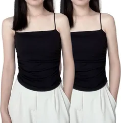 YasYouRi キャミソール カップ付き ブラトップ 2枚セット スパゲッティストラップ 見せキャミ 柔らかい 伸縮性 タンクトップ 吸汗速乾 無地 インナー 袖なし 見せる フェミニン(ブラック/ブラック,  Free Size)