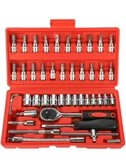 新品 Rikopin(リコピン) ソケットレンチセット 差込角6.3mm (1/4インチ) 車 レンチ スリーブ ラチェットレンチ 46 ソケットドライバー組み合わせ ツール (レッド)