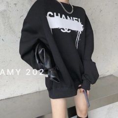 海外 韓国 デザイン オーバーサイズ トレーナー 長袖 ブラック 人気 レディー