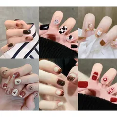 新品 6パック（144個入り）ネイルチップ 人気 和風 NIUANIUA ファッション ネイル つけ爪 かわいい ネイルチップ 付け爪 ネイルセット ネイルファイル付き 女性用 ファッション ネイル (アンバー＆レッド)