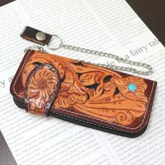 【ライダースウォレット 本革 長財布 ウォレットチェーン付 二つ折り サイドロック カービング仕様 茶系】 ⭐H