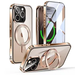 iPhone 16 Pro 用 ケース 両面保護 MagSafe対応 CDリング 360°回転スタンド 自動ポップアップロック付き アイフォン16プロ アルミバンパー Gunwon スマホケース 9H強化ガラス PC背面 カメラレンズ保護 フルカバー ワイ 0
