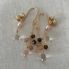 オレゴンサンストーン×トルマリン×パール　2way14kgfピアス