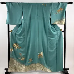 訪問着 身丈163cm 裄丈70.5cm L 袷 扇面 椿 金銀彩 ラメ 薄青緑 正絹 秀品 【中古】