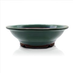 【未使用】盆栽鉢 丸陣笠鉢 緑色 織部釉 四日市萬古焼 (8号(約24センチ)) うめきち盆栽用品店
