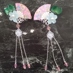 ピンク 扇子 ヘアクリップ 左右セット  水色 お花 シルバー