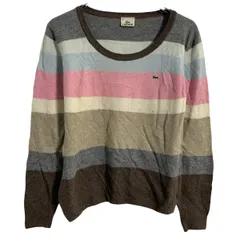 LACOSTE ウールニット セーター 42 M～ ブラウン ピンク グレー系 ラコステ プルオーバー ボーダー ロゴ 古着卸 アメリカ仕入 a702-5963のサムネイル
