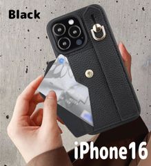 【iPhone16】レザー カードケース付き ハンドベルト付 ブラック