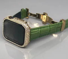 GimelZayinセット Pc　グリーン ゴールド アップルウォッチ 高級レザー 本革ベルト クロコダイル  キラキラ　カバー　ケース   4～9 メンズ レディース 40mm 41mm 44mm 45mm Apple Watch バンド