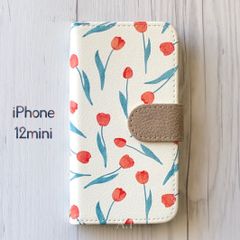 iPhone12mini ケース 手帳型★北欧風 フラワー チューリップ
