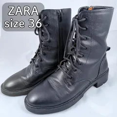 ZARA レースアップ レザーブーツ 23.5　サイドファスナー トラックソール ブラック