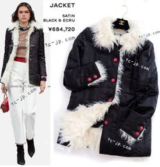 シャネル ジャケット コート CHANEL  68万 ブラック 黒 シルク100% アイボリー ファンタジー ファー ココボタン 希少サイズ 新品同様 48