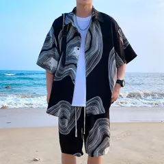 メンズ 上下セット セットアップ 夏 半袖 開襟 カジュアルシャツ シャツトップス ハーフ ショート パンツ ウエストゴム 柄 アロハシャツ カジュアル おしゃれ 薄手 涼感qcwds67