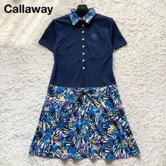 大人気！Callaway GOLF キャロウェイ ゴルフ ひざ丈ワンピース ポロシャツワンピース 切替デザイン 花柄 フラワープリント ロゴ刺繍 ラメボタン 半袖 手洗い可能 ブルー系 Mサイズ