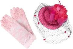 ティアニーズ Tierneys ヘッドドレス レースグローブ セット ウェディングハット トーク帽 北欧 チュール付き パーティ イベント 冠婚葬祭(ピンク,  52.0 cm)