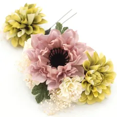 髪飾り ２点セット 黄緑 成人式 花 和風 浴衣 着物 振袖 袴 ドレス 七五三 子供 結婚式 卒業式 入学式 髪留め 日本製 ドライフラワー ヘアアクセサリー ヘアコーム コーム 送料無料 グリーン W 58 324-255 u896　Si