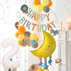 誕生日飾り風船セット　どうぶつさんフラッグ、ナンバーバルーン付き　　黄色系　 韓国INS映え お月様