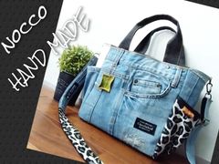 №694【DamageDENIM✖️leopard✖️ヌビ ToteBAG♥】デニムリメイクトートバッグ👖ヒョウ柄🩷