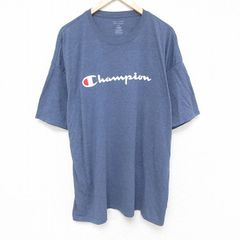 XL/古着 チャンピオン champion 半袖 ブランド Tシャツ メンズ ビッグロゴ 大きいサイズ ロング丈 クルーネック 紺 ネイビー 霜降り 25jun1