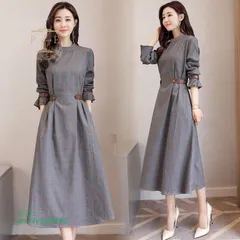 ワンピース レディース 40代 きれいめ 長袖 上品 綿麻 シャツワンピース 通勤 着痩せ おしゃれ チェック柄 大きいサイズ 春秋 OL 新品 マキシ パーティードレス ant4y609192