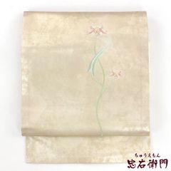 夏帯 正絹 絽綴れ 名古屋帯 茄子 コオロギ ススキ クリームイエロー