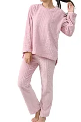 [アウニイ] パジャマ レディース ファー フリース ケーブル 風 ラウンドトップス ラウンドネック 秋 冬 セットアップ 長袖 ロング パンツ カジュアル 部屋着 スウェット 寝間着 おうち時間 あったか ふわふ [ケーブル風 ピンク / 8238] [M]