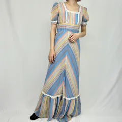 古着 70年代 ストライプ柄 マキシ丈 半袖 フレア ワンピース レディースM ヴィンテージ/eaa358974