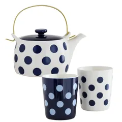 【在庫処分】[Dolce duo] 急須セット コップ付き 急須 湯のみ カップ 茶こし付 ティーセット ドット柄 水玉 ギフトセット 陶器 誕生日プレゼント DAM-357