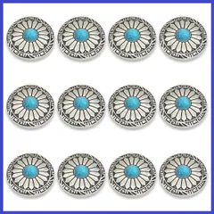 コンチョ ボタン 12個セット ターコイズ 30mm メタルボタン 足つき デージー柄 レザークラフト アクセサリー 手芸 (タイプC)