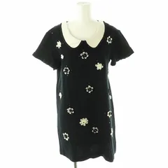 シンシアローリー CYNTHIA ROWLEY フラワー装飾 襟付きミニワンピース ニット 半袖 リネン混 2 ブラック /HK ■OS