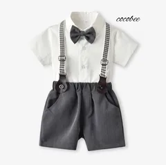 グレー×ホワイト男の子フォーマルセットアップ　お誕生日七五三撮影　子どもフォーマル半袖シャツ短パンサスペンダー付き　面接入園式入学式卒園式卒業式発表会コンクール演奏会