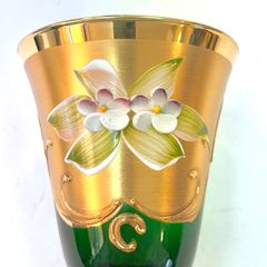 【Venetian Glass for Everyday Use - Green ①】 'Wine Glass' Murano glass, Western antique, green with gold decoration, enamel-painted flower petals, approximately 7.5cm in diameter x 15cm in height, one-owner used item, in good condition, 2412SNA