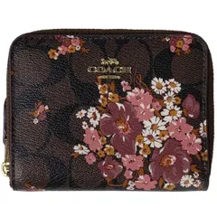 コーチ COACH シグネチャー ラウンドファスナー 二つ折り財布 ロゴ 花柄 フラワー 二つ折り財布 コーティングキャンバス ブラウン ピンク F31955 レディース 【中古】