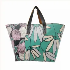 マルニマーケット MARNI MARKET PVC × レザー フラワープリント トートバッグ ハンドバッグ ロゴ 花柄 チェック柄 手描き風 総柄 手持ち 手提げ カバン 鞄 グリーン ブラック パープル ホワイト レディース