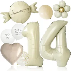【新品】 deerzon くすみホワイト 14歳 くすみカラー 数字 バルーン 誕生日 飾り付け 10点 セット 大きい 65cm くすみ ニュアンスカラー ナンバーバルーン バースデー 0