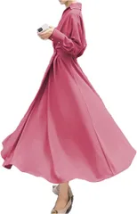 GREENTEA (グリーンティー) ロングフレアワンピース 襟付き きれいめ 長袖 レディース( ピンク,  S)