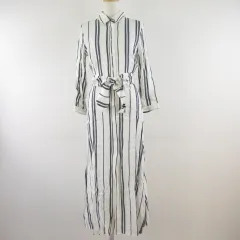 ザラウーマン ZARA WOMAN シャツワンピース 七分袖 ロング ストライプ リネン混 白 XS *T501
