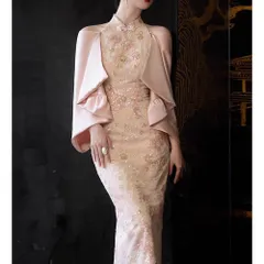 チャイナドレス ミディアム丈 チャイナ風ワンピース パーティードレス 結婚式 ドレス 袖あり 大人 演奏会 パーティー お呼ばれドレス スリット入り オフショルダー ピンク 0956