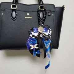 【オーダー】 痛ロゼット　バックチャーム　 黒 ×青× 白 痛バ　桜　リボン　カラー変更無料